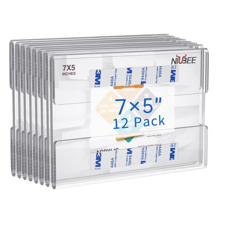 Niubee 5x7 inch Wall Mount Acrylic Sign Holder with 3M Tape Adhesive for Office, Home, Store, Restaurant, No Drilling - Horizontal (12 Pack) - Image 1